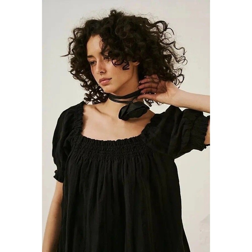 Free People Est Mila Mini Dress Smocked Puff Sleeve Shift Print Black XS 285429 - Picture 3 of 8